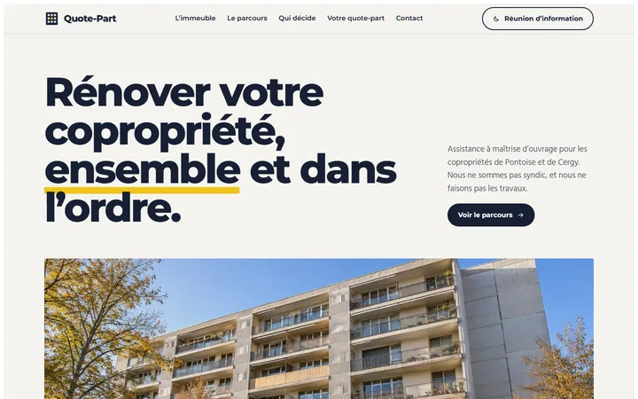 Page d’accueil du site Quote-Part, version ordinateur