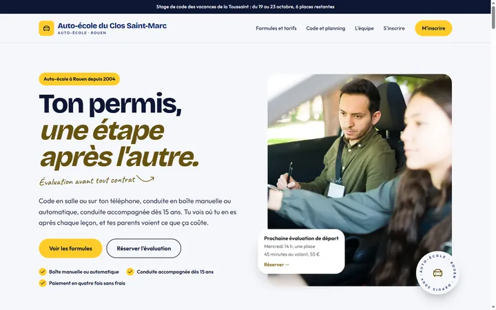 Page d’accueil du site Auto-école du Clos Saint-Marc