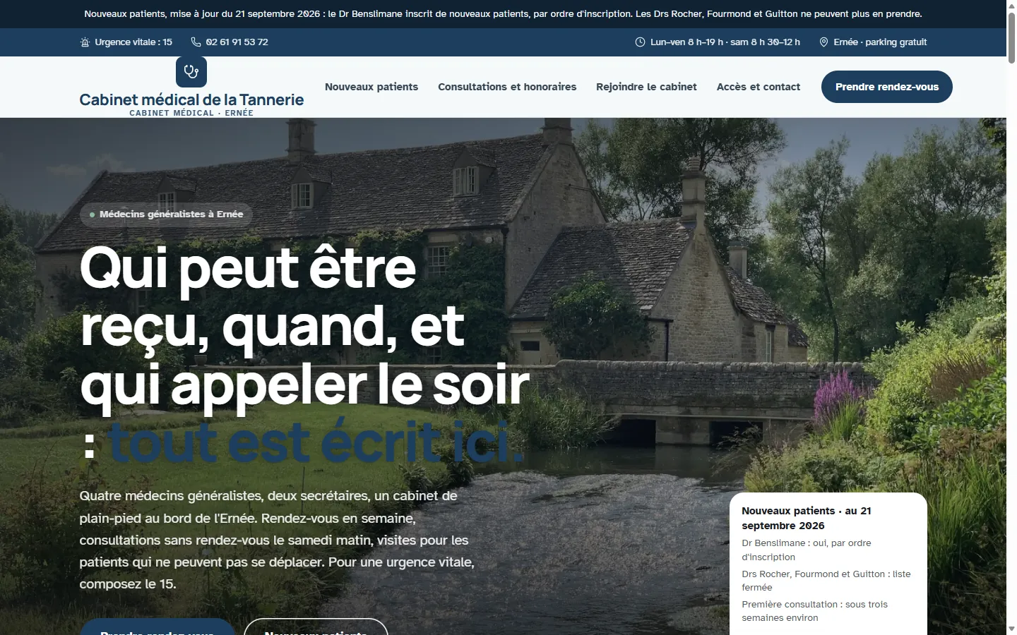 Page d’accueil de la démo Cabinet médical de la Tannerie