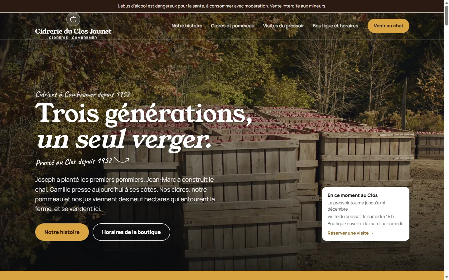 Page d’accueil de la démo Cidrerie du Clos Jaunet