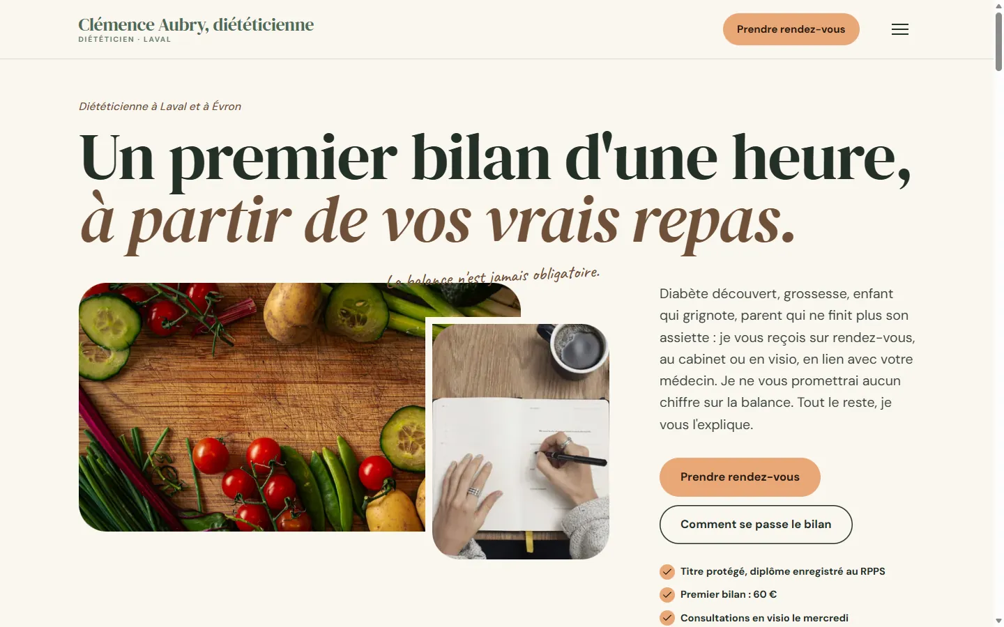 Page d’accueil de la démo Clémence Aubry, diététicienne