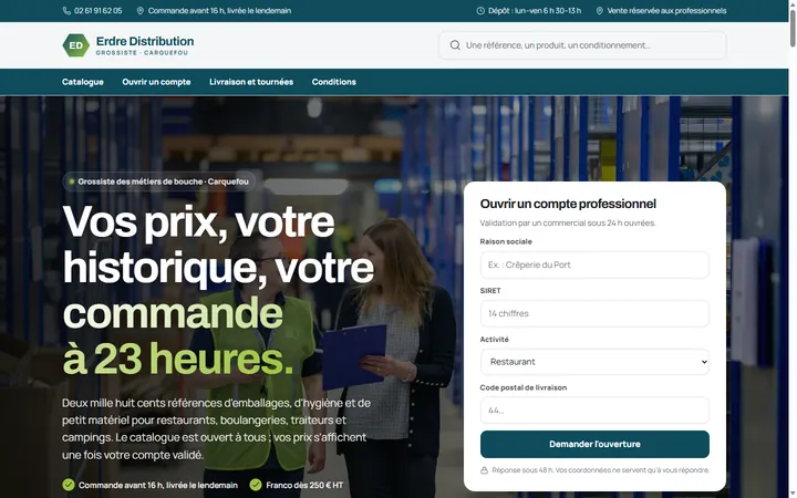 Page d’accueil du site Erdre Distribution