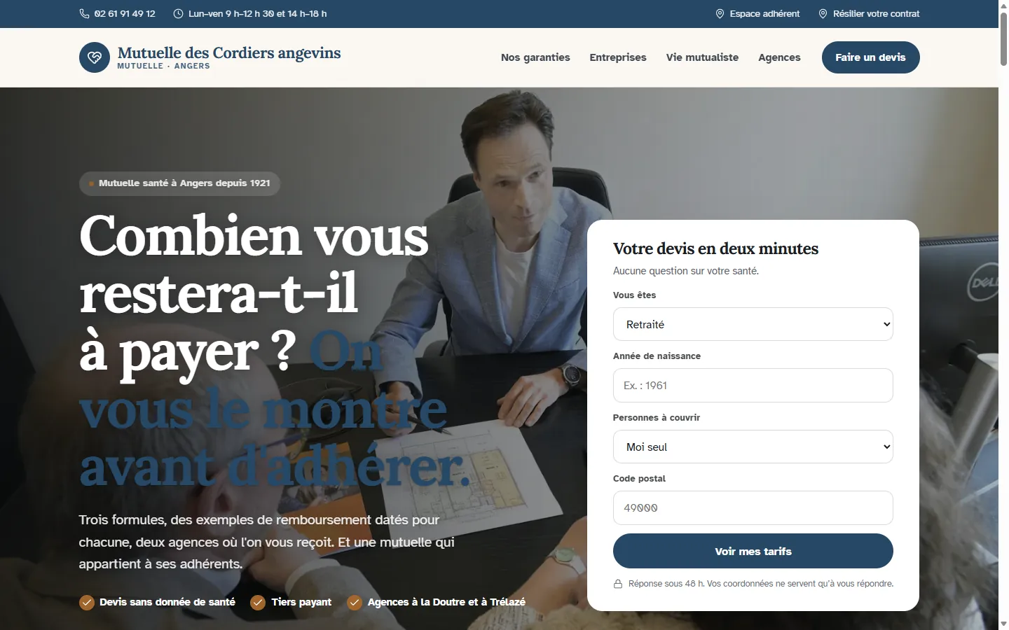 Page d’accueil de la démo Mutuelle des Cordiers angevins