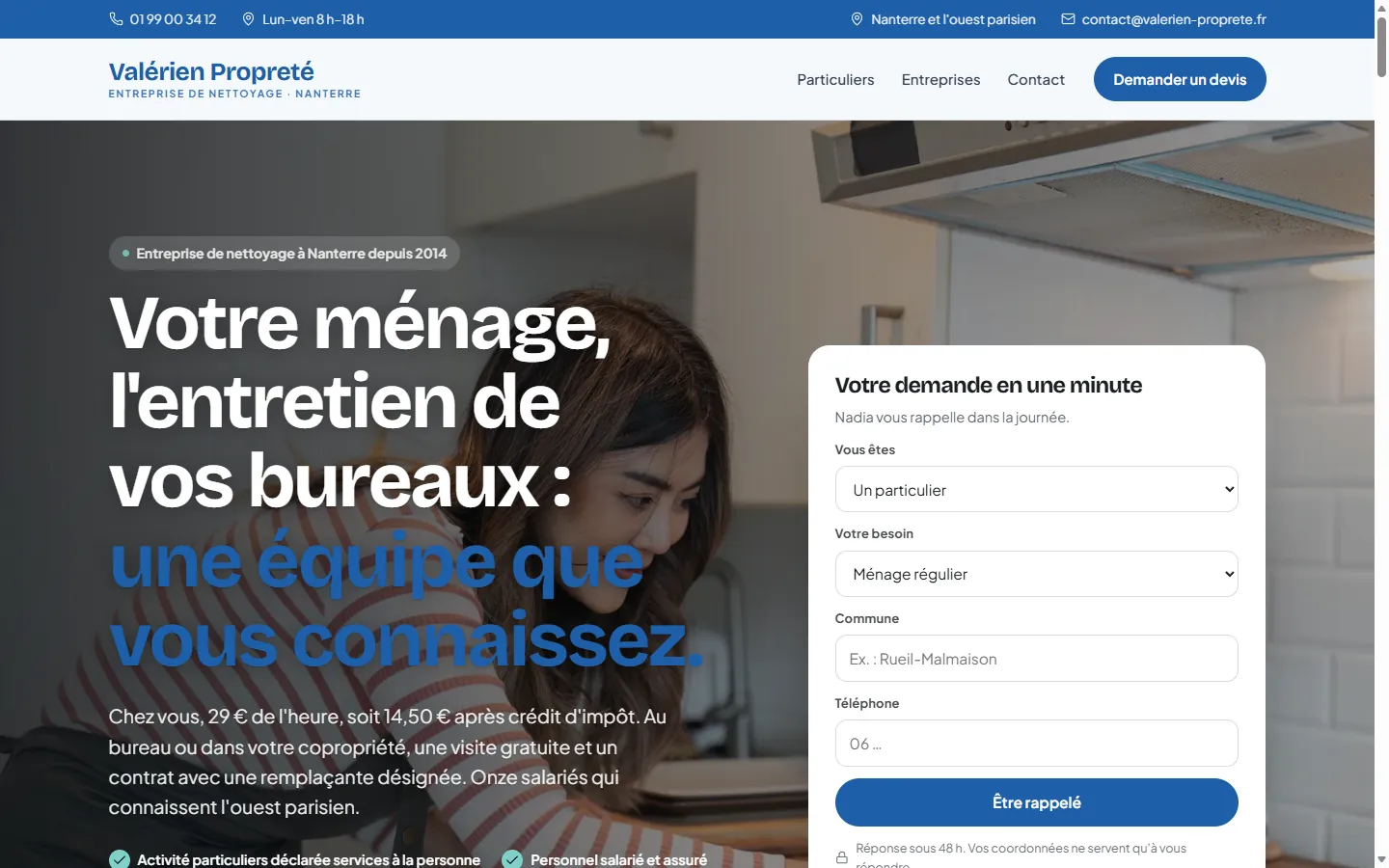 Page d’accueil de la démo Valérien Propreté
