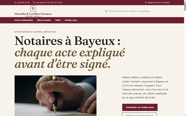 Page d’accueil du site Hamelin & Letellier Notaires