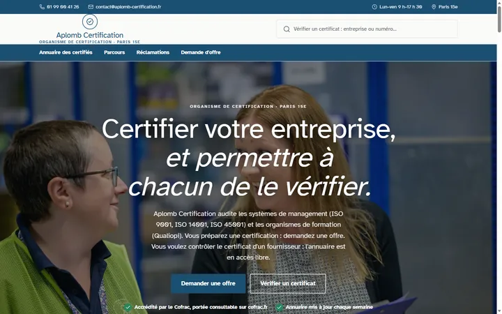Page d’accueil du site Aplomb Certification