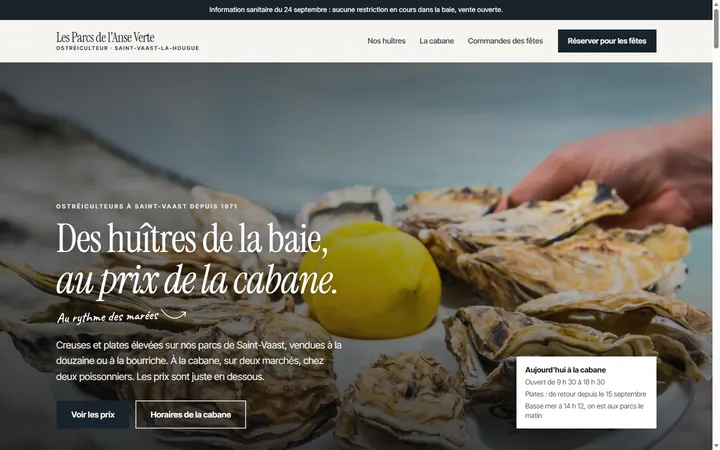 Page d’accueil du site Les Parcs de l'Anse Verte