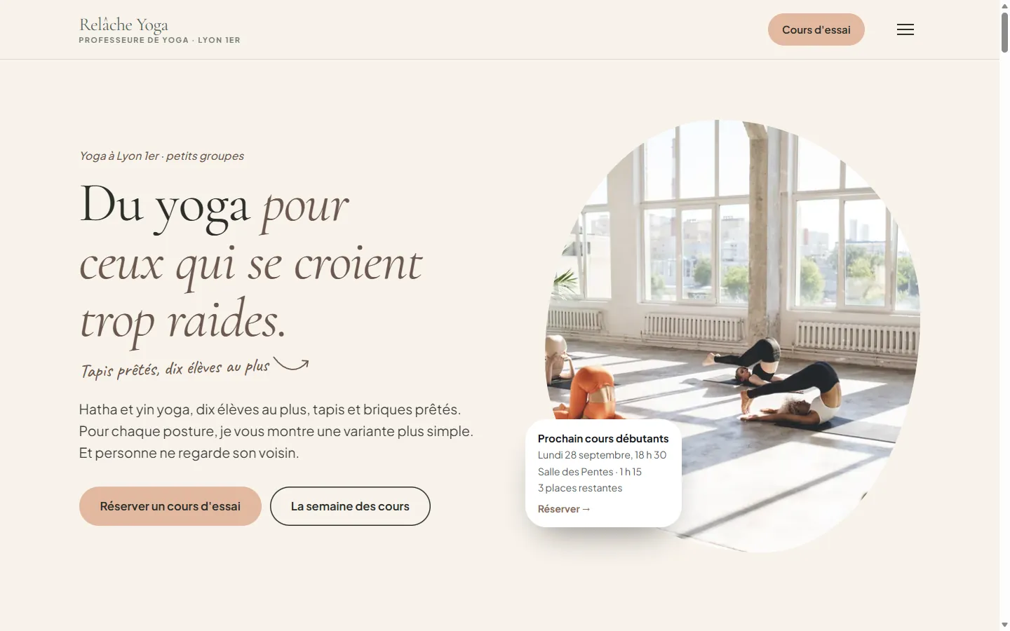 Page d’accueil de la démo Relâche Yoga