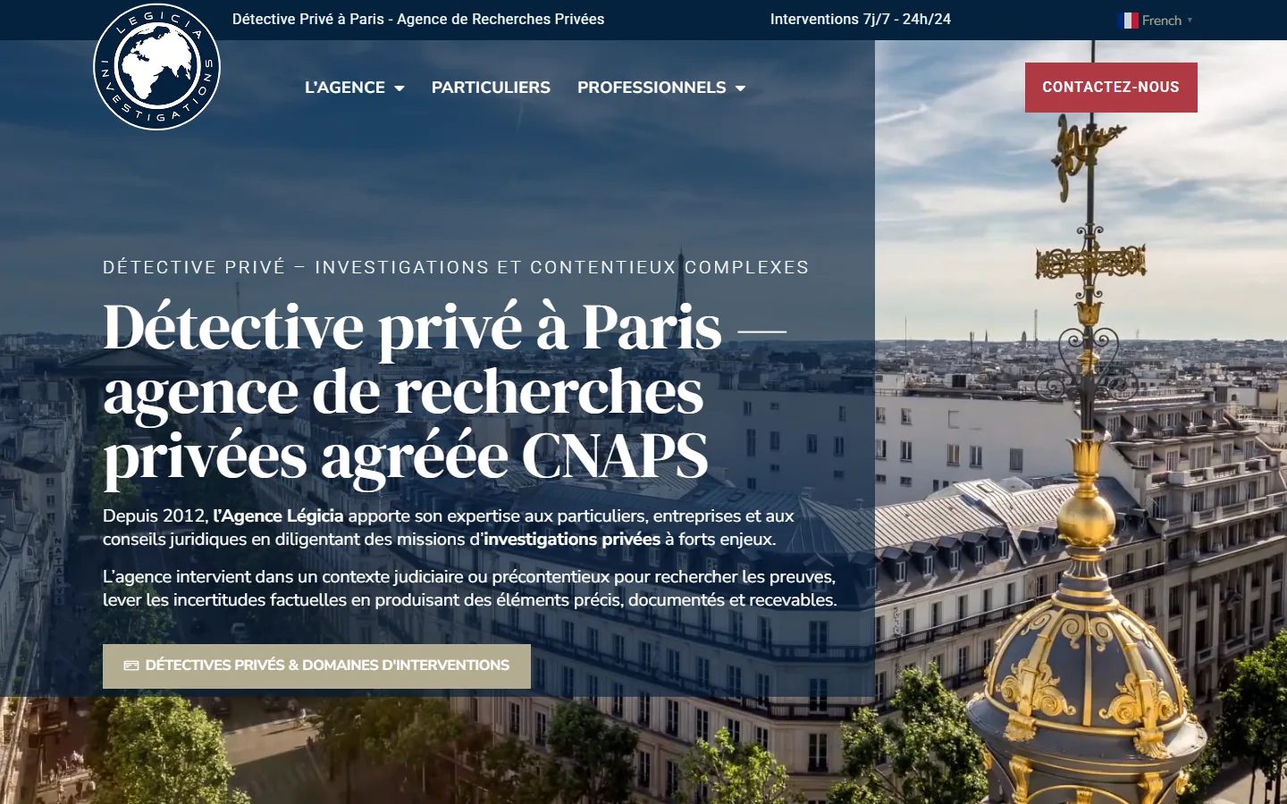 Page d’accueil du site Légicia Investigations