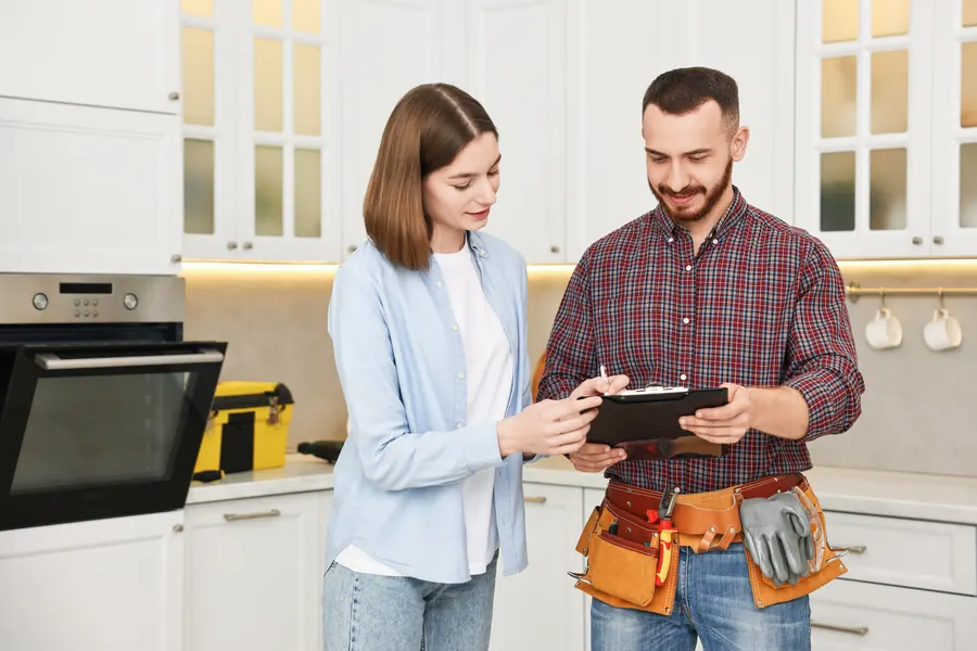 Un artisan présente un devis sur tablette à une cliente, dans sa cuisine