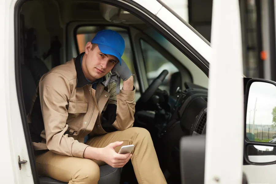 Un artisan assis dans sa camionnette consulte son téléphone : c’est souvent là qu’il découvre l’e-mail de WordPress qui signale l’erreur.