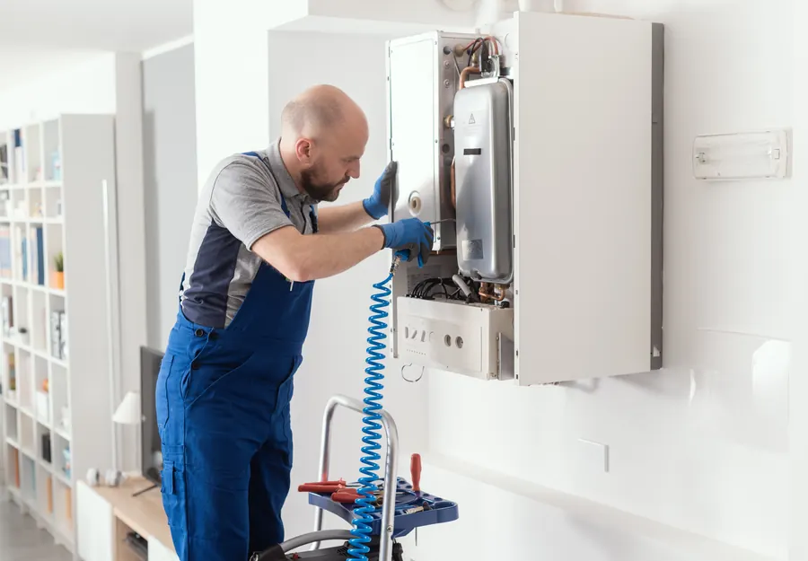 Un technicien en bleu de travail intervient sur un chauffe-eau mural ouvert : un contrat d’entretien se juge à ce qui est réellement contrôlé, pas à l’intitulé du forfait.