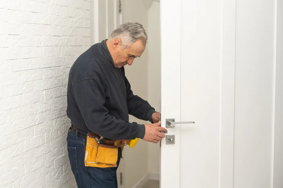 Un artisan, ceinture à outils à la taille, intervient sur la serrure d’une porte : après le départ d’un prestataire, on change les mots de passe et on supprime les comptes oubliés, comme on change une serrure.