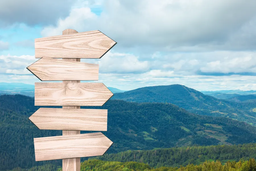 Panneau indicateur en bois aux flèches multiples, en montagne