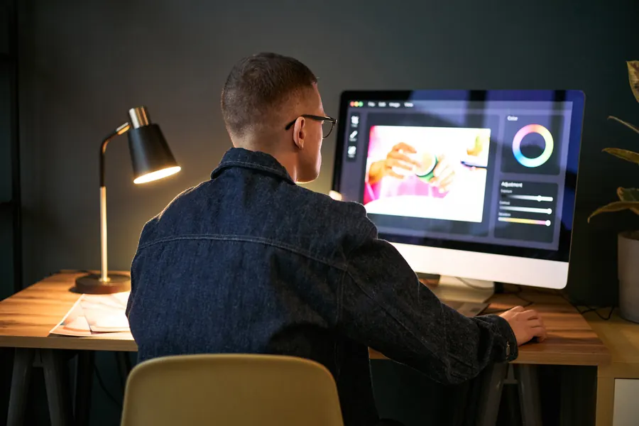Graphiste travaillant sur une maquette à son bureau, le soir, sous une lampe
