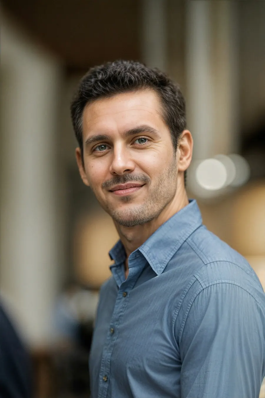 Portrait d'un homme d'une trentaine d'années, chemise simple, barbe courte, fond clair