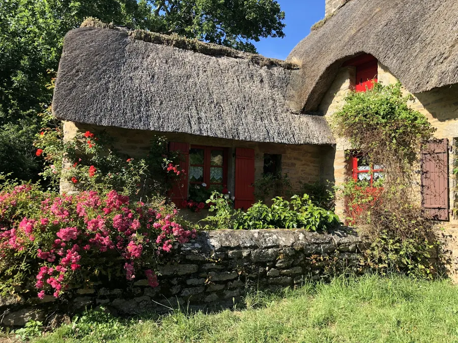 Chaumière en pierre au toit de roseau, porte peinte, jardin fleuri