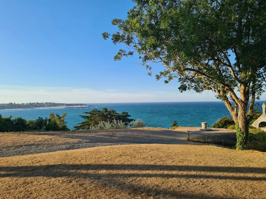 Jardin en pente avec vue sur la mer et un grand arbre, maison en retrait