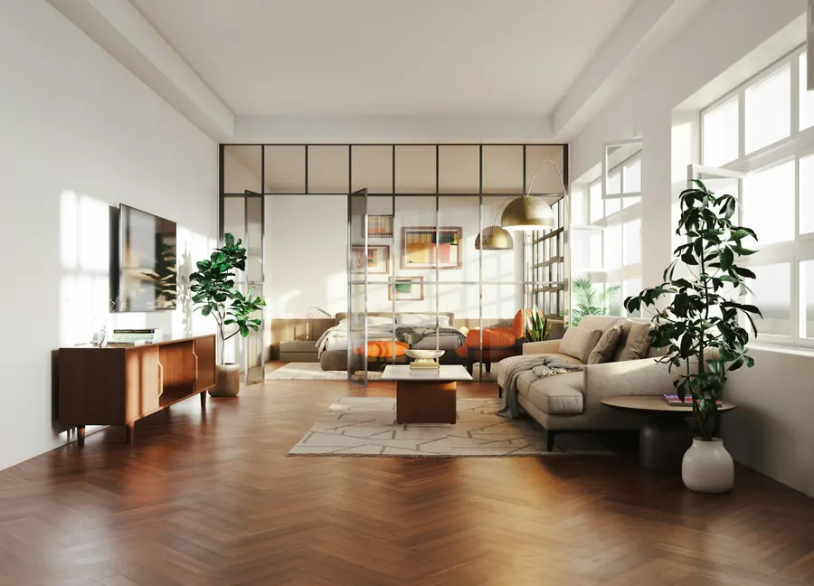 Séjour traversant avec verrière d'atelier, parquet de chêne