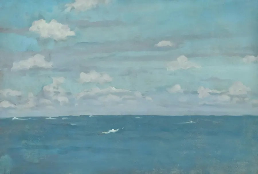 Grande toile carrée, ciel nuageux lumineux au-dessus d'une ligne de mer