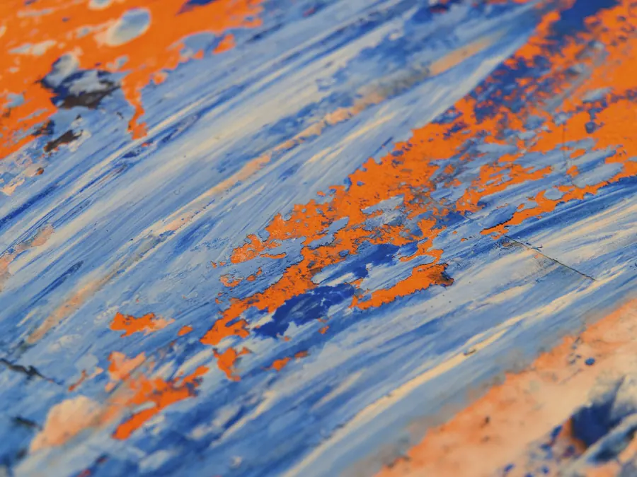 Détail de la touche, couches d'huile fines, bleus et ocres