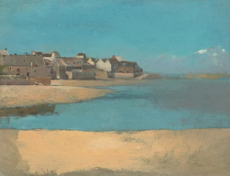 Toile à l'huile d'un estuaire aux gris bleutés, photographiée bien droite, sans reflet