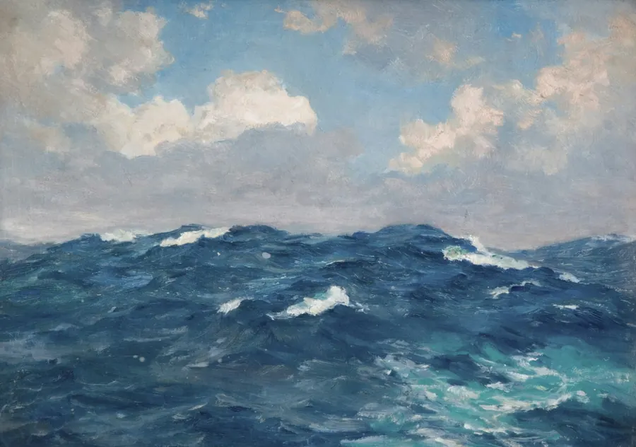 Peinture d'un grand plan d'eau calme, sans estuaire ni mur blanc visible