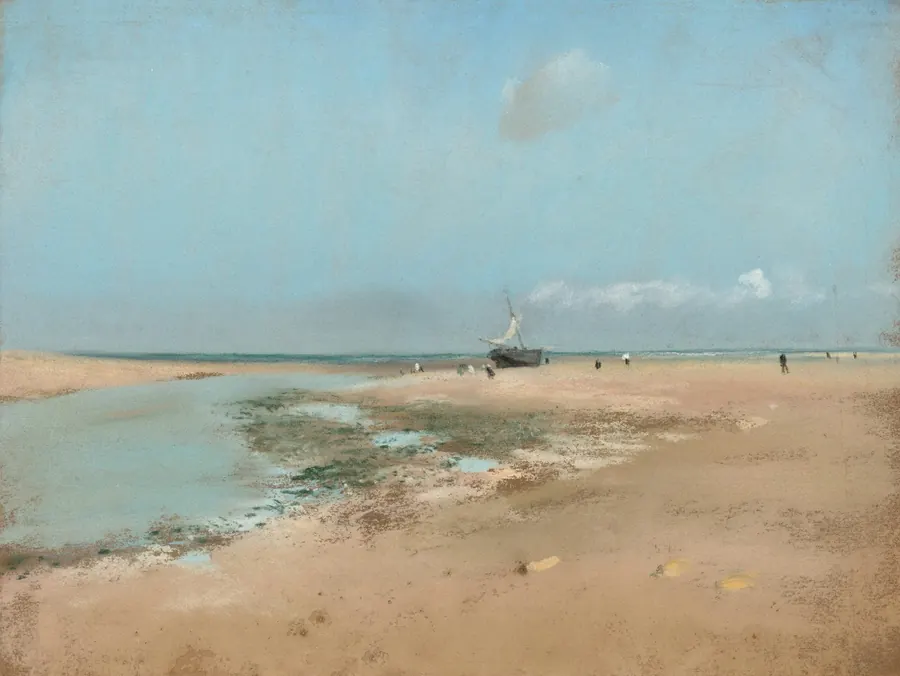 Peinture d'une plage calme avec un bateau échoué