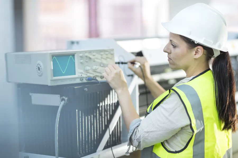 Ingénieure devant un banc de test électronique, oscilloscope allumé