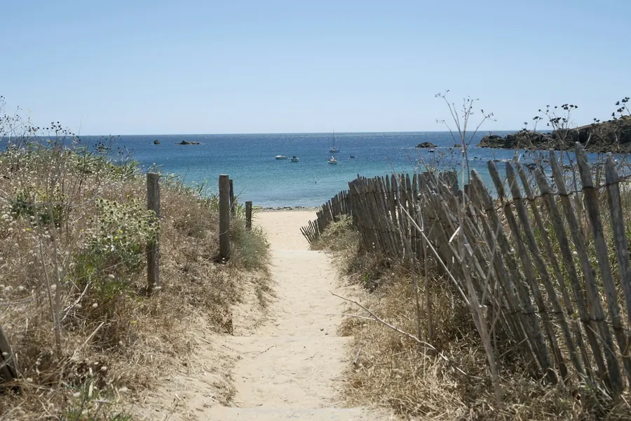 Sentier de sable entre dunes clôturées menant à la mer