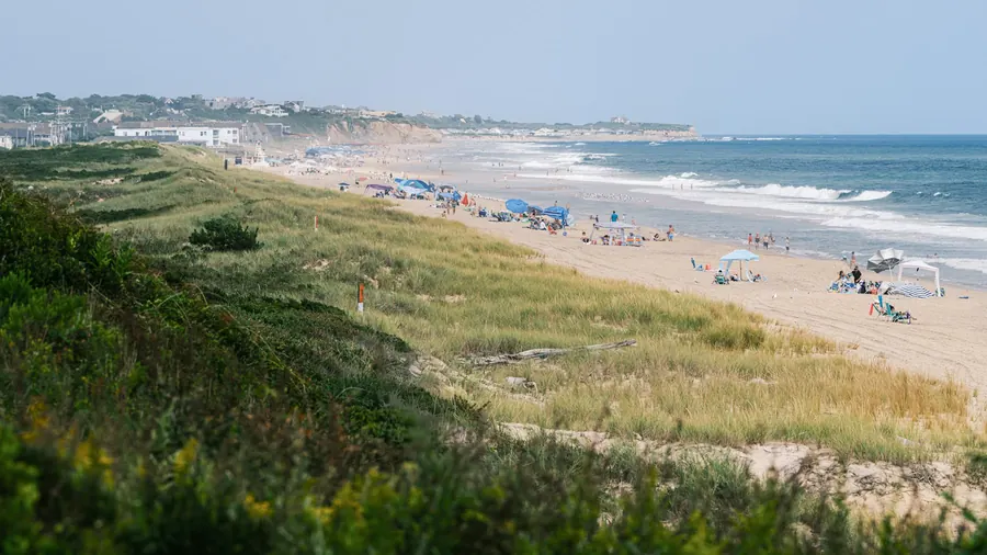 Grande plage de sable avec dunes herbeuses et promeneurs au loin