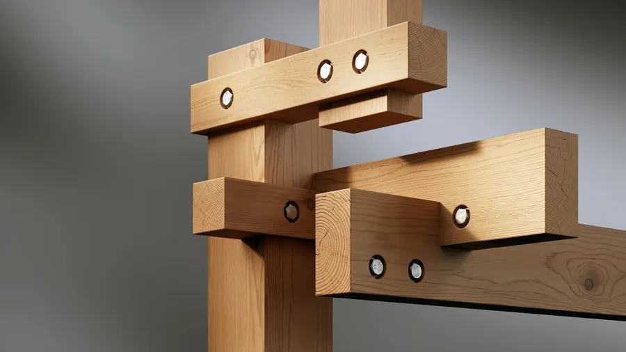Gros plan d'un assemblage tenon-mortaise chevillé dans du chêne