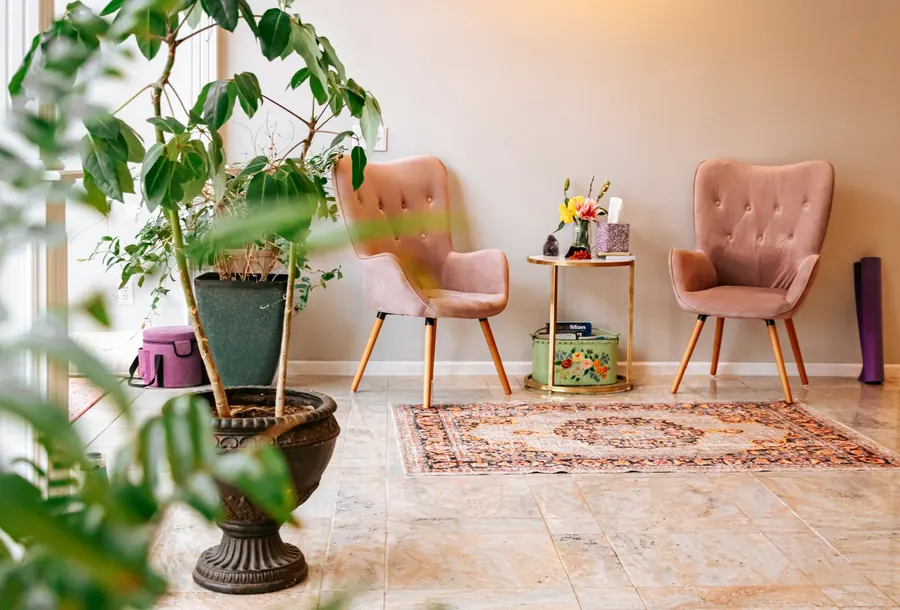 Deux fauteuils roses avec une plante verte dans un coin lumineux