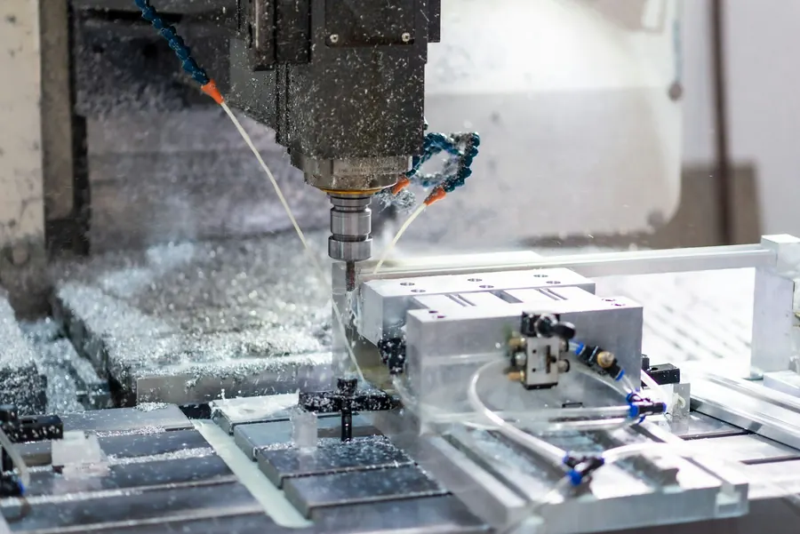 Atelier d'usinage, pièces métalliques sur l'établi, machines alignées