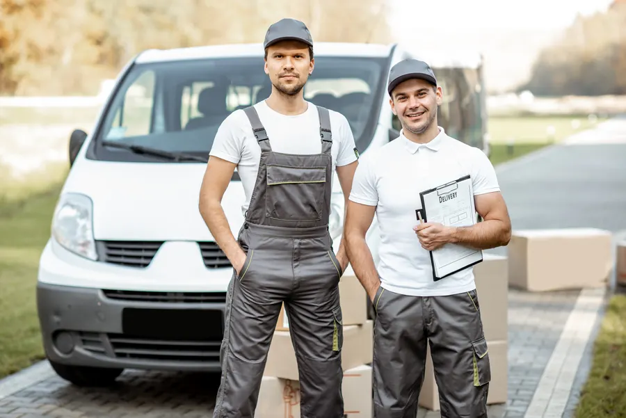 Équipe de déménageurs en tenue de travail devant un camion