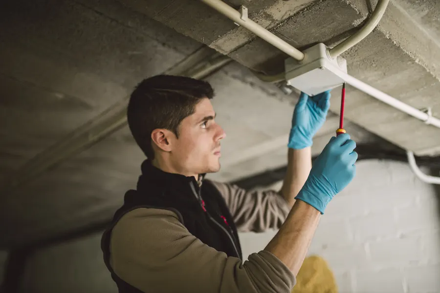 Technicien en tenue de travail qui inspecte des combles à la lampe, sans nuisible visible