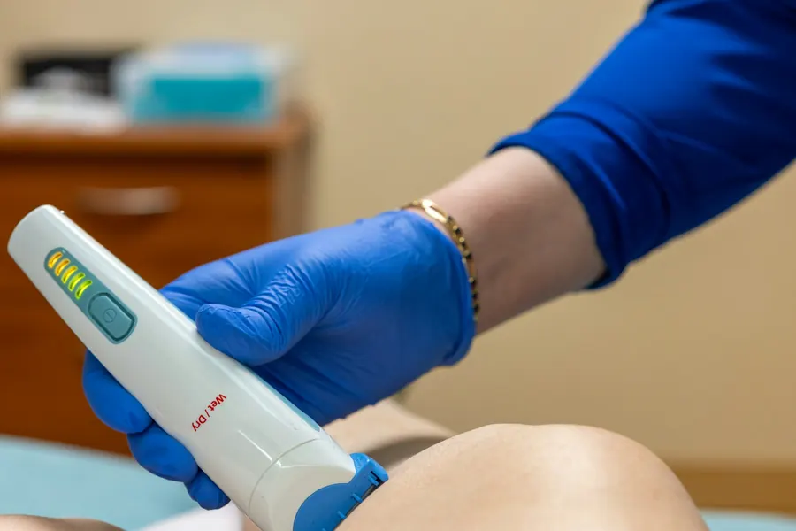 Gros plan d'un dermatoscope posé sur l'épaule d'un patient, main gantée, fond neutre