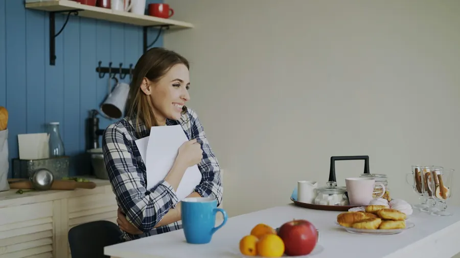 Femme souriante qui prend son petit-déjeuner dans sa cuisine