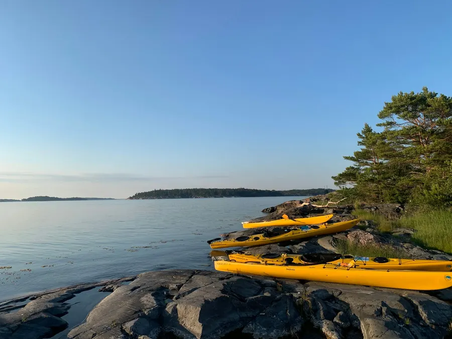 Kayaks de mer et paddles près d'un îlot rocheux