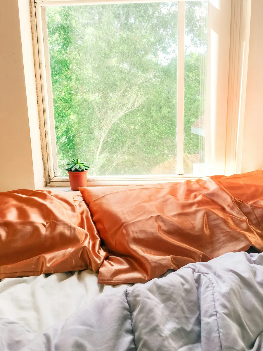 Chambre lumineuse avec un lit près d'une fenêtre ensoleillée