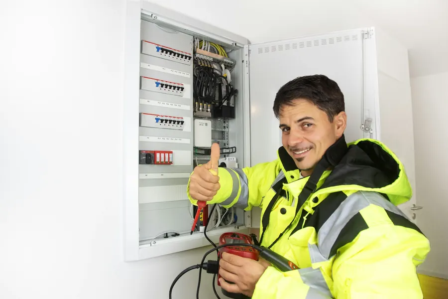 Électricien souriant devant un tableau électrique, mur neutre