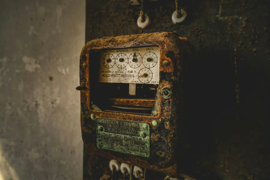 Électricien mesurant une prise ancienne au multimètre, murs d'une maison ancienne