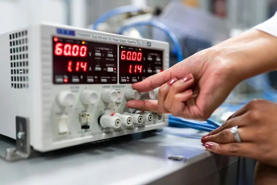 Mains qui règlent une alimentation de laboratoire sur un établi