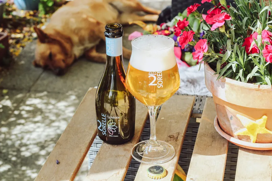 Bouteille de cidre fermier et verre, table en bois