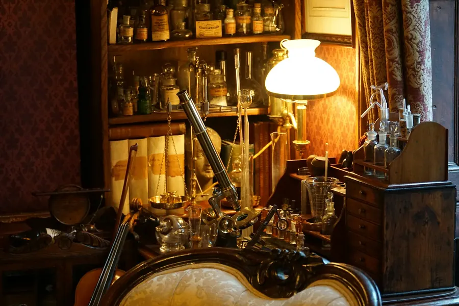 Détail d'un cabinet médical du XIXe siècle, instruments en laiton, flacons d'apothicaire, pénombre