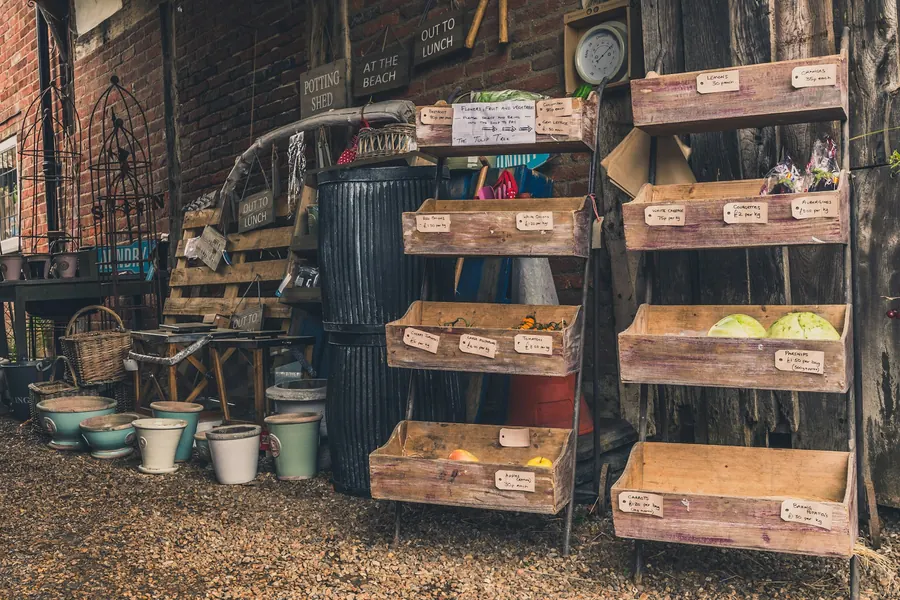 Étagères en bois rustiques avec caisses et paniers, lumière naturelle
