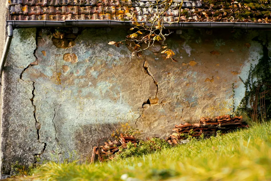 Mur en plâtre fissuré et abîmé, gros plan