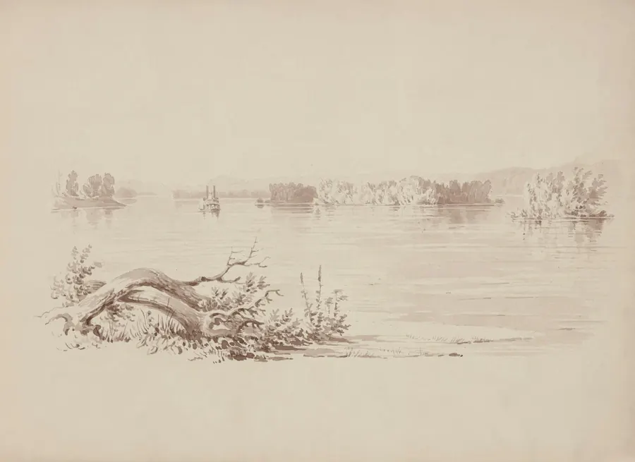 Lavis de paysage fluvial aux tons neutres