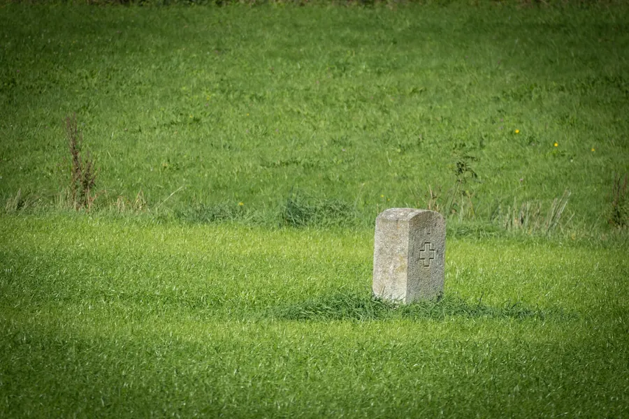 Borne en pierre plantée dans un champ herbeux