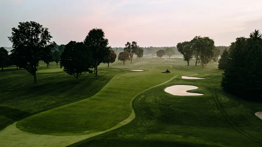 Fairway au petit matin, brume légère, bosquet de tamaris en bordure, drapeau au loin, sans joueur